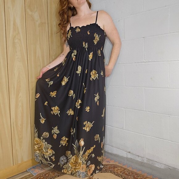 Vintage 60's Handmade Black & Gold Floral Summer Maxi Dress